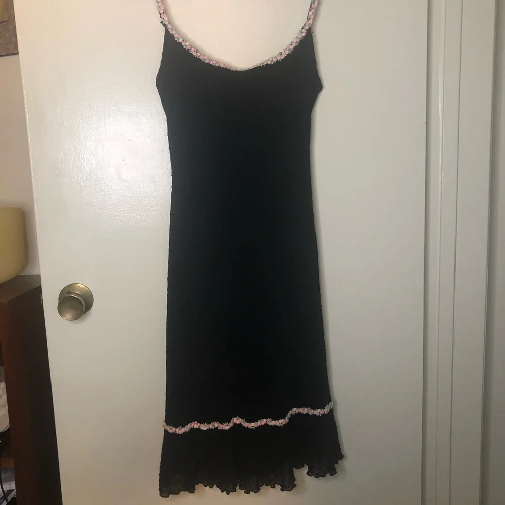 Vintage Betsey Johnson 90’s Swiss Dot Black Dress with Pink Flowers Trim - Picture 10 of 11
